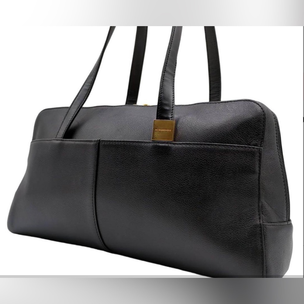 Burberry Black Leather Shoulder Tote with Gold Accent